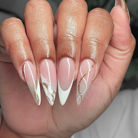 Press On Nails Almond Stiletto Shape Gold Glitter French Tips Nude Pink Marble Wave Design Artificial Fake Nail Tips
