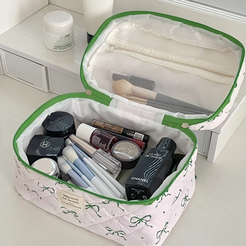 Borsa Per Trucco In Cotone Trapuntato Organizzatore Da Viaggio Con Motivo A Fiocco Pochette Con Cerniera Donna