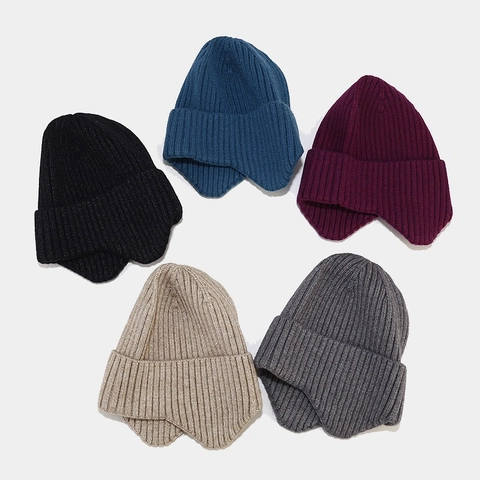 Winter Knitted Earflap Beanie Hat For Women Men Acrylic Ribbed Knit Warm Thermal Windproof Outdoor Casual Skullcap Plain