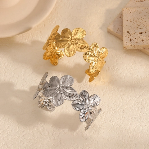 Getextureerde Bloemen Armband Roestvrij Staal 18K Verguld Florale Cuff Bracelet Elegante Vintage Sieraden Voor Dames