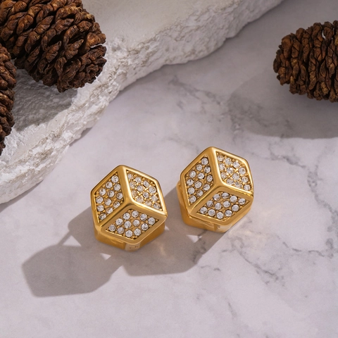 Geometric Cube Huggie Earrings Stainless Steel Gold Plated Cubic Zirconia Waterproof Hypoallergenic For Women