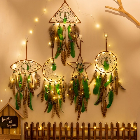 Acchiappasogni Boho Decorazione Da Appendere Piume Perline Di Legno Intrecciato A Mano Stile Indiano Bosco Parete Camera Da Letto
