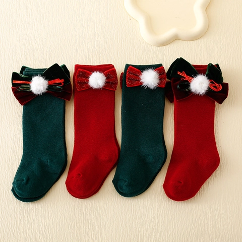 Calze Al Polpaccio Di Natale Per Neonati Bambini Maglia Di Cotone Fiocco In Velluto Pompon Bianco Rosso Verde Festivo