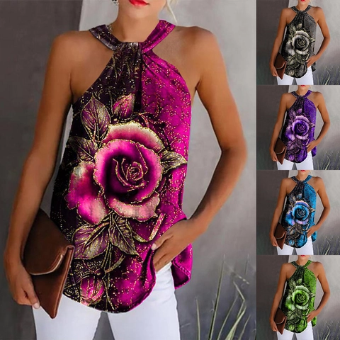 Women Halter Neck Sleeveless Tank Top Rose Printed Loose Casual Vest Summer Commuter Fashion Embroidered T-Shirt Polyester Top