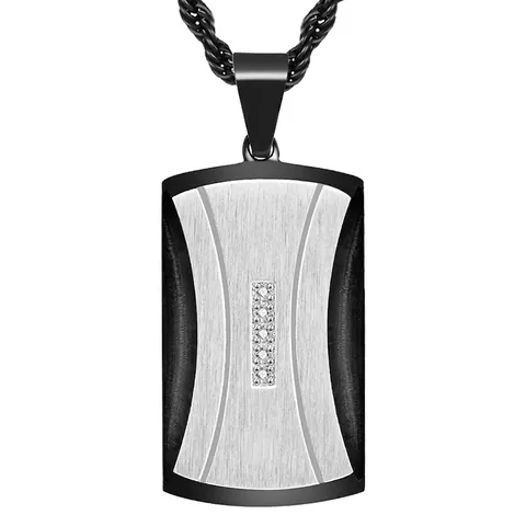Collana Pendente Uomo Acciaio Inossidabile Rettangolo Piastrina Nero Argento Bicolore Spazzolato Zirconia Gioielli Moda