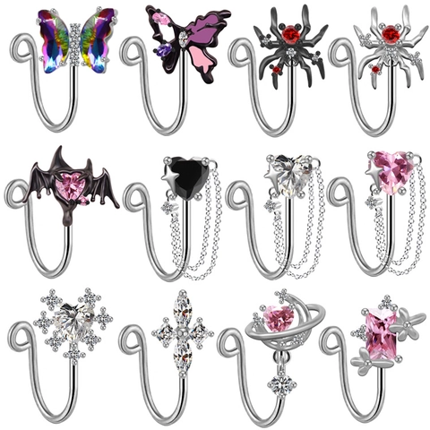 Non-Pierced Stainless Steel Nose Ring Clip Heart Butterfly Spider Planet Tassel Fake Piercing Jewelry For Women Men
