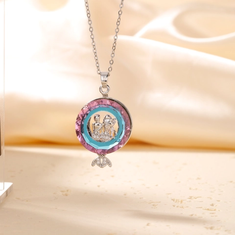 Collana Pendente Tondo Cavo Segno Zodiacale Gemelli Vintage Rame Zircone Cristallo Sfumato Gioielli Moda Donna
