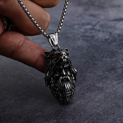 Viking Warrior Wolf Head Pendant Stainless Steel Vintage Nordic Mythology Jewelry Men Biker Style Retro