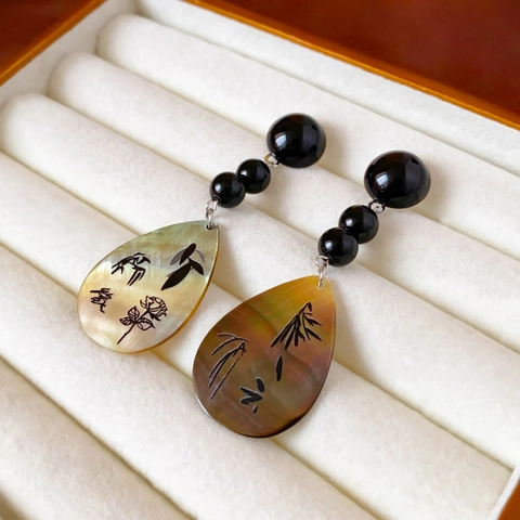 Vintage Chinese Style Drop Dangle Earrings With Mother Of Artificial Pearl Shell Black Beads And Silver Earring Post Floral Pattern