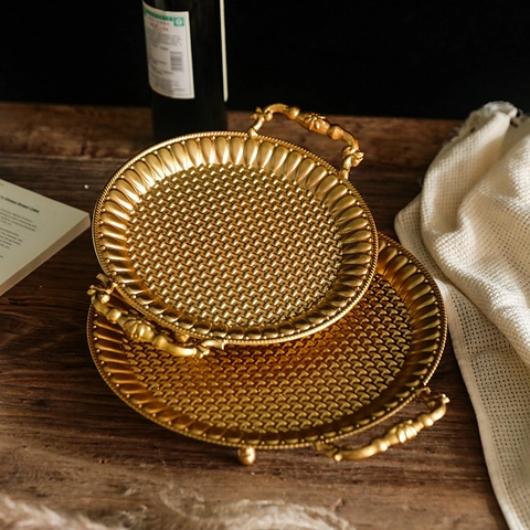 Vintage Gold Iron Decorative Tray With Handles Woven Texture For Home Living Room Desktop Retro Storage Organizer