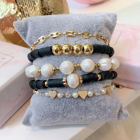 Süßwasserperlen Armband Mit Vergoldeten Legierungsperlen Herzanhänger Handgefertigte Verstellbare Kordel Hip Hop Schmuck