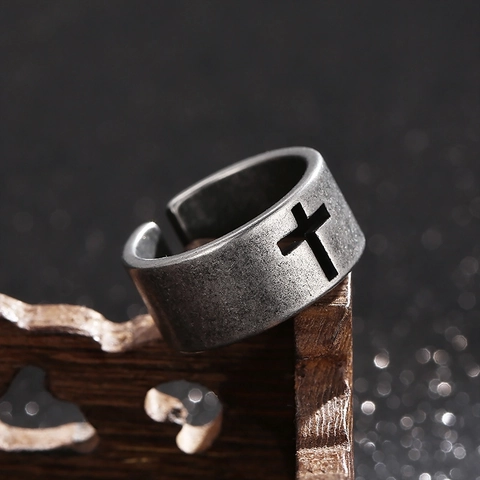 Vintage Kruis Holle Open Ring Roestvrij Staal Antiek Zilveren Afwerking Verstelbare Band Heren Gothisch Punk Sieraden