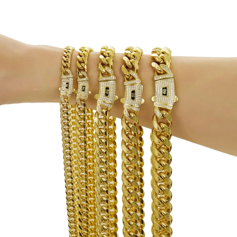 Cuban Chain Necklace Stainless Steel 14K Gold Plated Heavy Hip Hop Jewelry Men With Zircon Copper Clasp