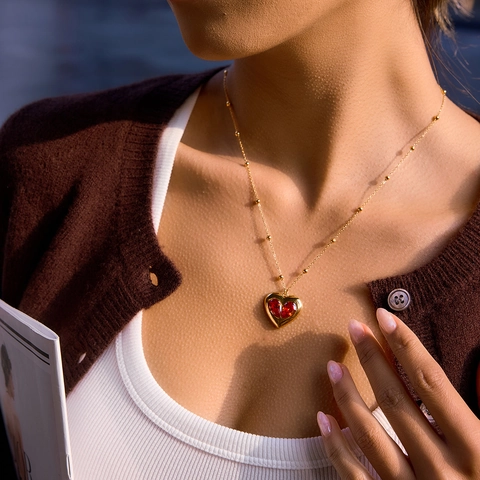 Eleganter Edelstahl Herz Anhänger Halskette Für Damen Rot Zirkonia Eingelegt Gold Perlenkette Valentinstag Schmuck
