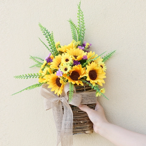 Cesto Di Fiori Appeso Artificiale Girasole Succulente Vimini Intrecciato Con Fiocco Di Iuta Arredamento Parete Rustico