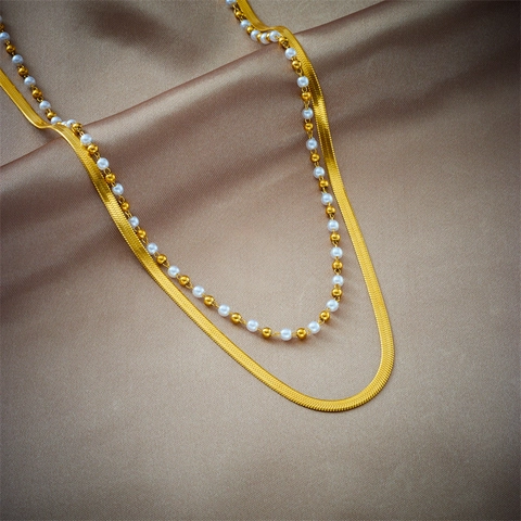 Double Layer Necklace With Stainless Steel Gold Snake Bone Chain And Faux Artificial Pearl Bead Chain Elegant Jewelry For Women