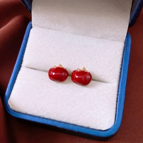 Pendientes De Botón De Manzana Esmalte Rojo Aleación Diseño Fruta Con Poste De Plata Joyería De Moda Retro Para Mujeres