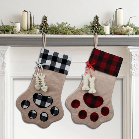 Christmas Stockings Linen Burlap Pet Paw Shape With Bone Ornaments Buffalo Plaid Holiday Party Home Hanging Decor