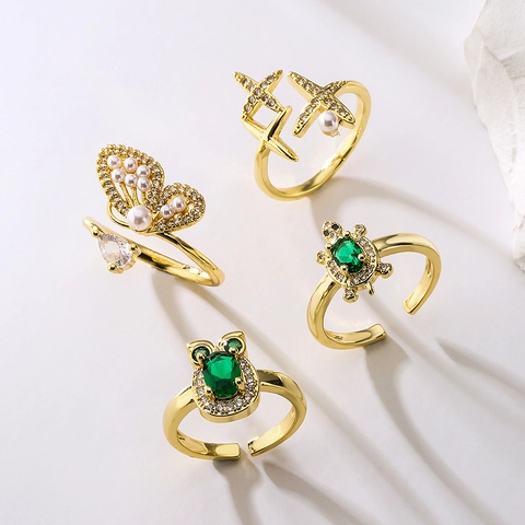 Women Adjustable Open Rings Copper 18K Gold Plated Zircon Synthetic Artificial Pearl Butterfly Turtle Frog Star Design Fashion Jewelry