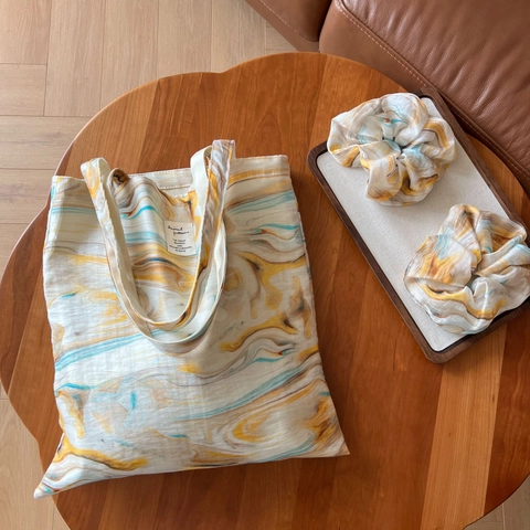 Canvas Tote Bag Marble Print Artistic Cotton Shoulder Crossbody Handbag With Matching Scrunchie For Women Casual Daily