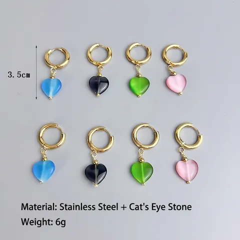 Orecchini A Cerchio Con Ciondolo A Cuore Acciaio Inossidabile Pietra Occhio Di Gatto Stile Retrò Francese Elegante Per Donna