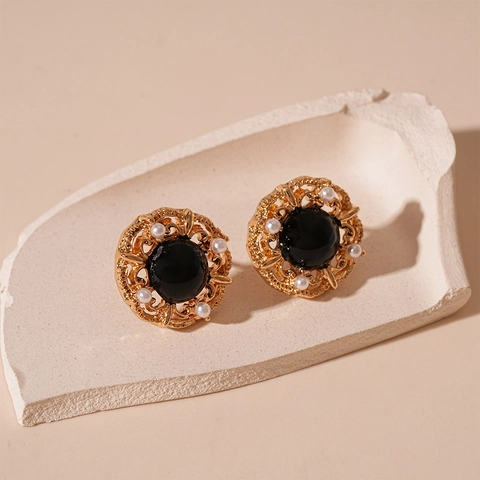 Orecchini A Lobo Vintage Con Lega Perla Artificial Sintetica Resina Nera E Perno In Argento Stile Palazzo Francese Fiore Cavo