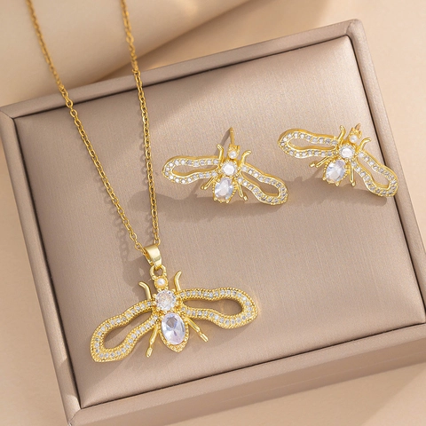 Collana Con Ciondolo Ape E Orecchini Rame Micro Pave Zircone Perla Artificial Gioielli Per Donna Elegante
