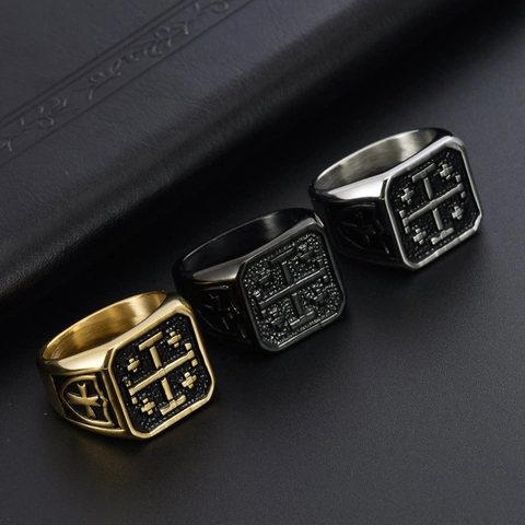 Anello Sigillo Croce Di Gerusalemme Uomo Acciaio Inossidabile Titanio Retro Scudo Cavaliere Medievale Punk Gothic Gioielli