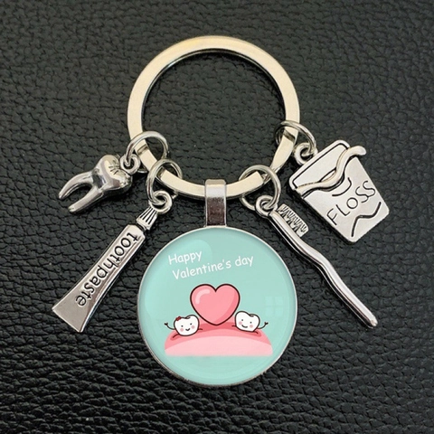 Creative Dental Care Keychain Alloy Tooth Toothbrush Toothpaste Floss Pendants Glass Dome Novelty Dentist Gift Keyring