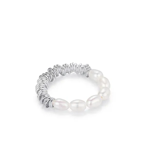 925 Sterling Silber Künstliche Perlen Ring Verstellbar Elastisch Spirale Minimalistisch Eleganter Schmuck Damen