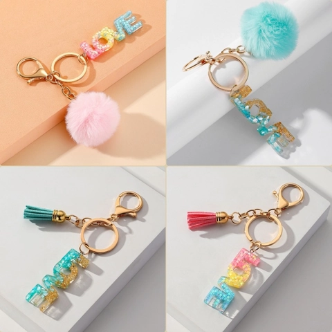 Llavero De Letra De Resina Purpurina Pan De Oro Colgante De Bolso Con Pompon Borla Accesorio Bolso Mujer Regalo