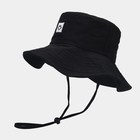 Cotton Bucket Hat With Adjustable Wind Rope Wide Brim Sun Protection Smiley Face Patch Casual Outdoor Unisex Sun Hat