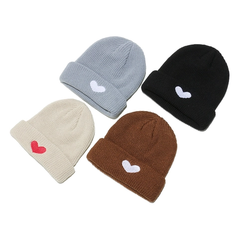 Berretto Beanie Ricamato Cuore Acrilico Maglia Con Risvolto Caldo Inverno Morbido Cappello Per Donna Uomo