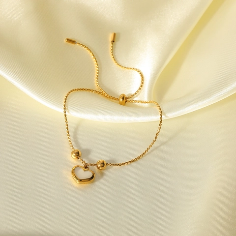 French Retro Heart Pendant Bracelet Stainless Steel 18K Gold Plated White Shell Adjustable Slider Bead Minimalist Jewelry