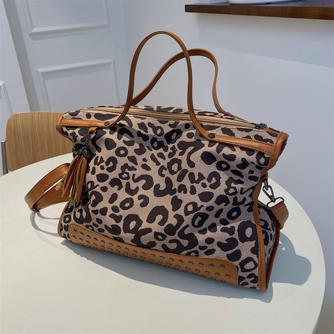 Leopard Print Cotton Linen Tote Bag Large Capacity Studded Handbags With Tassels And Detachable Strap