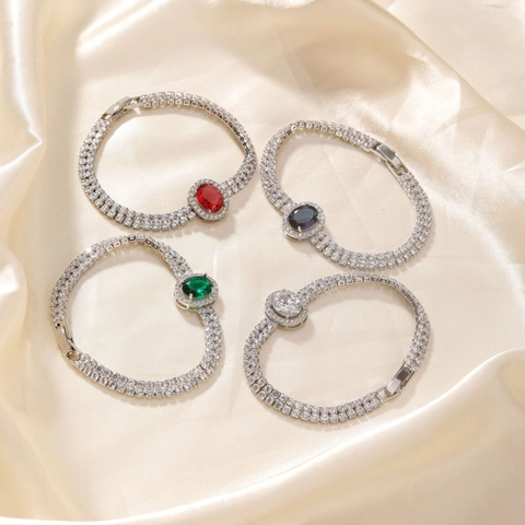Luxus Kupfer Zweireihiges Strass Armband Für Damen Oval Edelstein Eingelegt Mode Schmuck Silberton Elegant Party Armband
