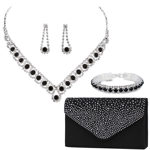 Elegant Evening Clutch Bag Rhinestone Alloy V-Shaped Necklace Dangle Earrings Bracelet Wedding Bridal Party Luxury