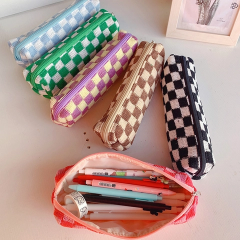 Gebreide Pen Etui Schaakbord Grote Capaciteit Wollen Briefpapier Opbergtas Esthetische Ins Stijl Ritssluiting