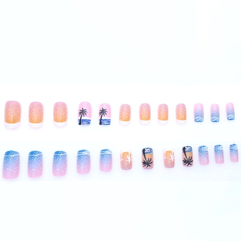 Summer Beach Sunset Press On Nails Gradient Colorful Palm Tree Wave Pattern Square Oval False Nails For Women