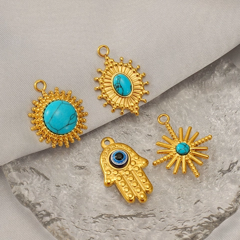 18k Vergulde Roestvrijstalen Hangers Turkoois Opaal Steen Zon Boze Oog Hamsa Hand Geometrisch DIY Sieraden Maken Charms