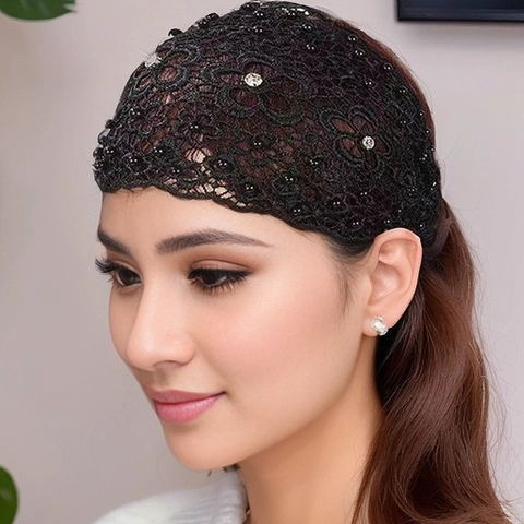Wide Lace Headband Floral Hollow Hair Band With Faux Artificial Pearls And Rhinestones Elastic Retro Headpiece For Women