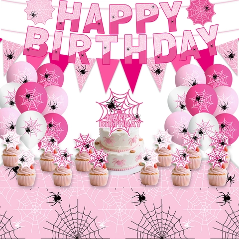 Rosa Spinnennetz Geburtstagsparty Geschirr Einwegteller Tassen Servietten Tischdecke Banner Luftballons Mädchen Halloween Deko