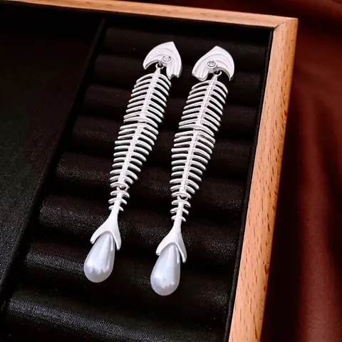 Pendientes Colgantes De Espina De Pescado Con Circón E Imitación De Perla Artificial Poste De Plata 925 Joyería De Moda Para Mujer