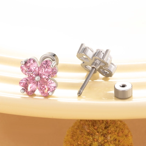 Four Leaf Clover Cartilage Stud Earrings Heart Pink White Zircon Titanium Steel Copper Screw Back Sweet Style Women