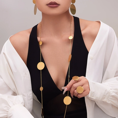 Minimalistische Geometrische Cirkel Sieraden Ketting Oorbellen En Ring 18K Verguld Roestvrij Staal Hoogglans Voor Dames