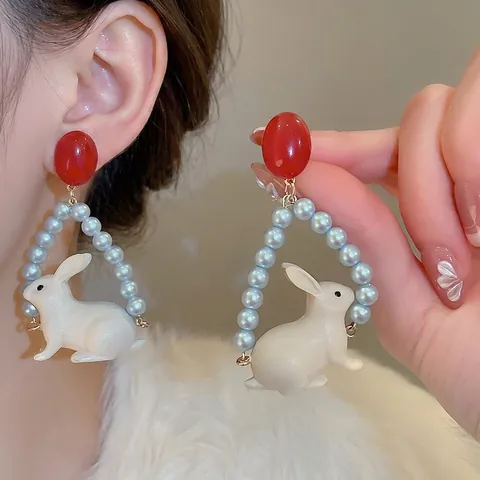 Kreative Kaninchen Hängeohrringe Mit Silver Earring Post Kunstperle Harz Süßer Tier Schmuck Für Frauen Mädchen Geschenk