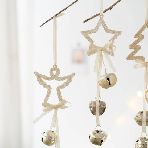 Weihnachtsglocken Anhänger Engel Stern Baum Glitzer Acryl Champagner Gold Festliche Feiertagshausdekoration