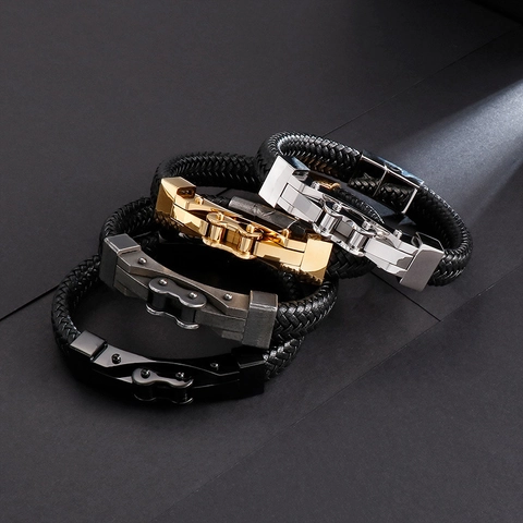 Pulsera De Hombre Cuero Trenzado Acero Inoxidable Cadena De Bicicleta Estilo Punk Joyería Cierre Magnético