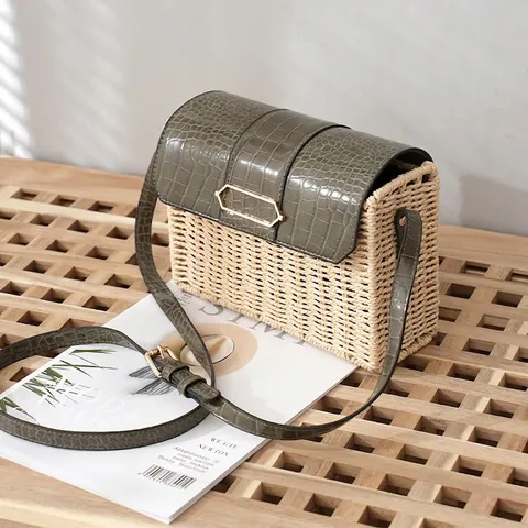 Bolso De Hombro Vintage De Paja Tejida Mujeres Cuero PU Patrón Cocodrilo Cuadrado Bolso Bandolera Retro