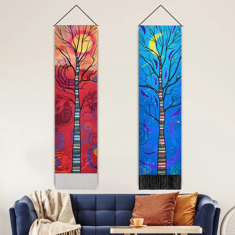 Tapisserie Murale Arbre De Vie Peinture Suspendue Verticale Longue Polyester Coton Avec Glands Tige En Bois Style Nordique